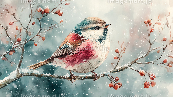 冬の雪景色に舞い落ちる粉雪と小鳥の水彩イラスト｜可愛い動物イラスト