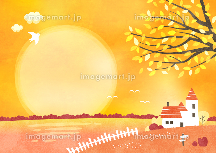 秋の夕日と海辺の家の風景 夕方のノスタルジックな水彩背景イラスト