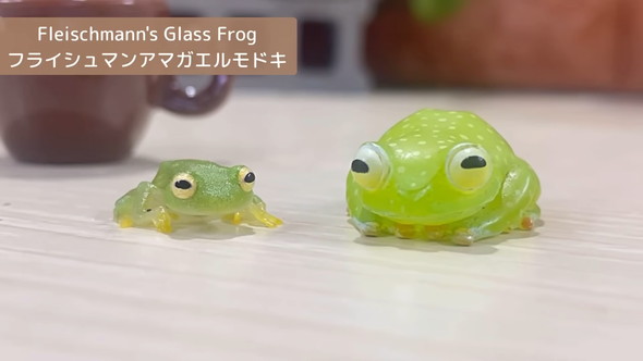 本物のカエルと、そっくりなフィギュアを並べると…… かわいすぎる