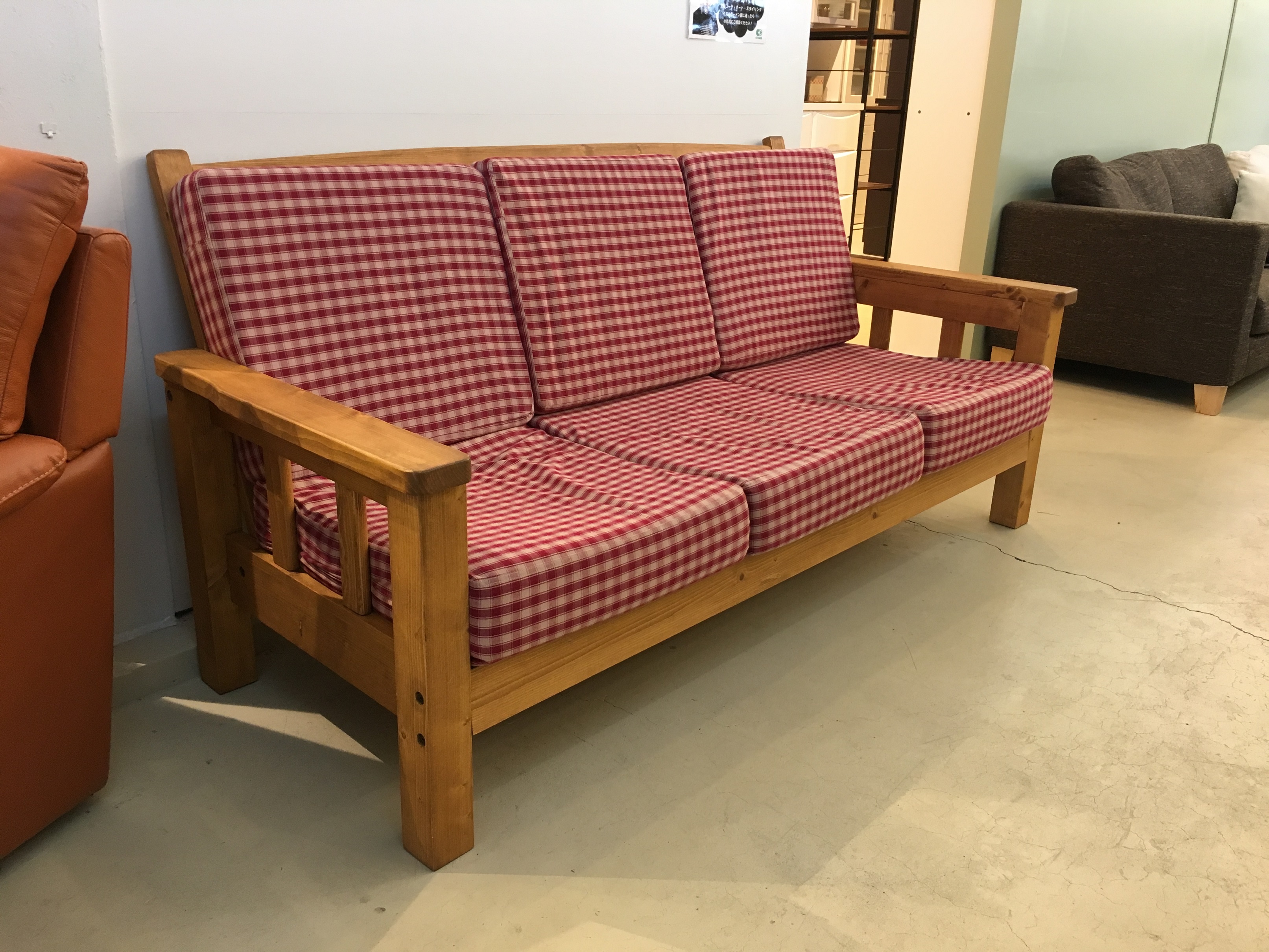 ソファ／WOOD工房／茶×赤チェック／3.0P／3人掛け／新品替えクッション