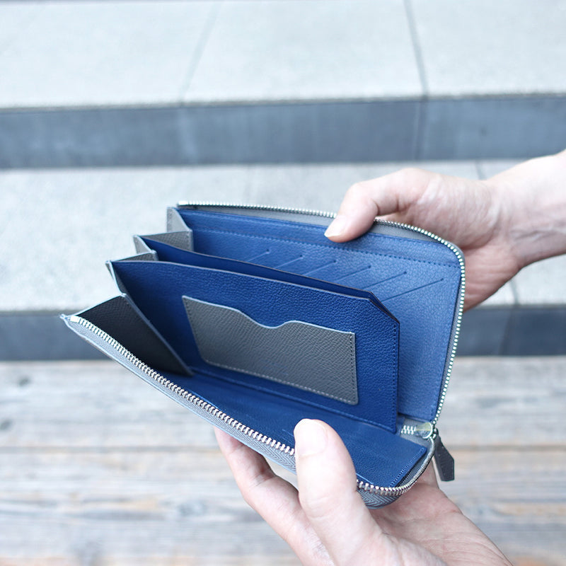 L字型ファスナーロングウォレット(アイスグレー×ネイビー) – recomma