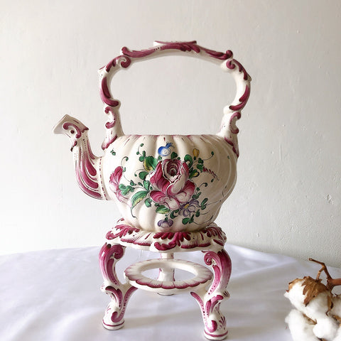 アンティークポット、 陶器鉢 プランター 台付き 手描きフラワーブーケ