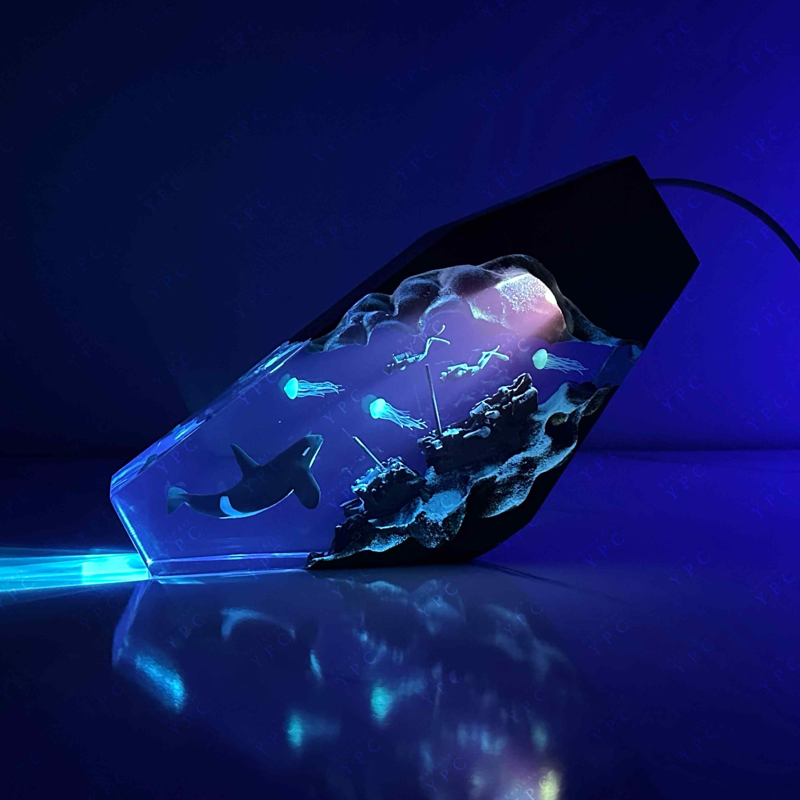 Orca Shipwreck Jellyfish Scuba Diver Resin Wood Night Light