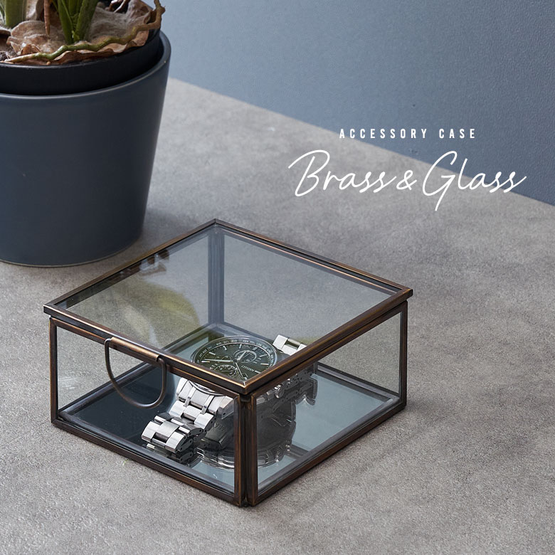 ガラスと真鍮でできた鏡付き収納ケース S 小物入れ ガラスケース ふた
