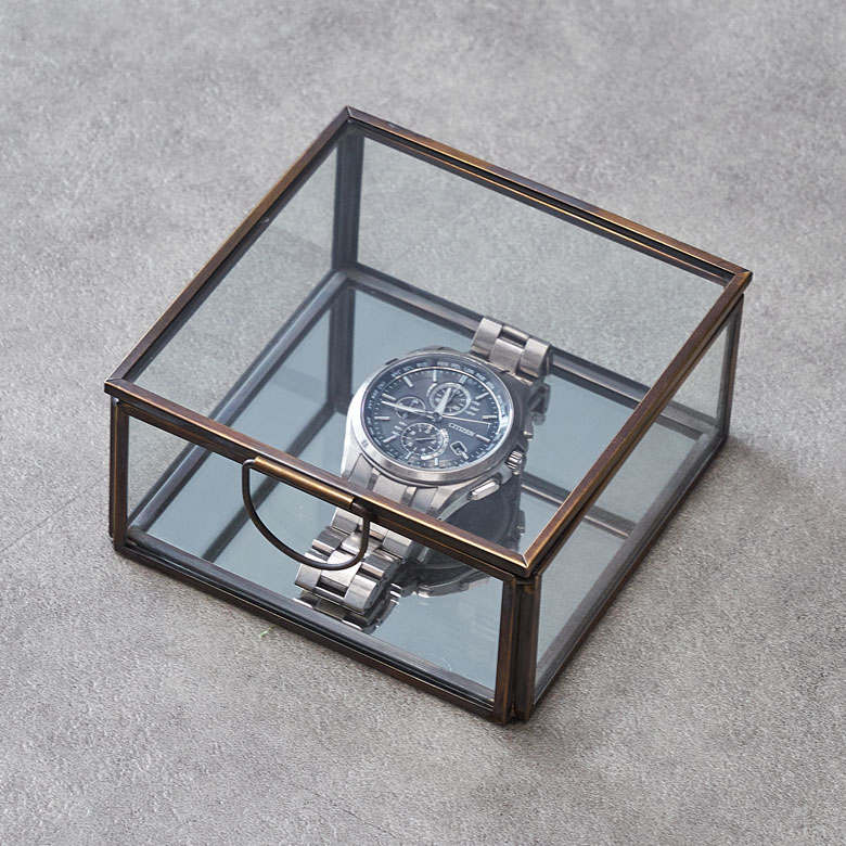 ガラスと真鍮でできた鏡付き収納ケース S 小物入れ ガラスケース ふた