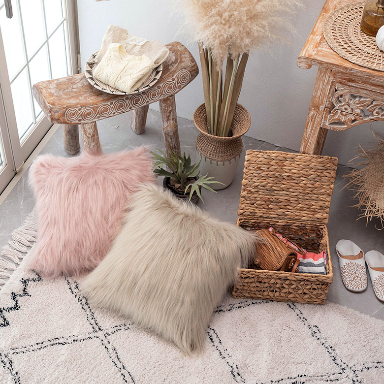 クッションカバー フェイクファー ピンク ベージュ 約45×45cm 正方形