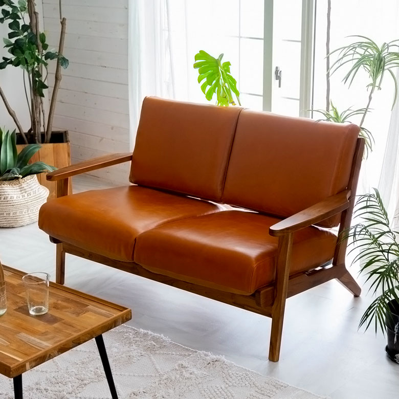 ソファ 2人掛け 本革 木 幅 125cm キャメル ブラウン [91479]【 レザー