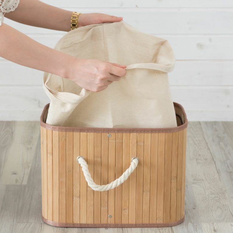 ロープハンドルがおしゃれな スクエア型 バンブーバスケット