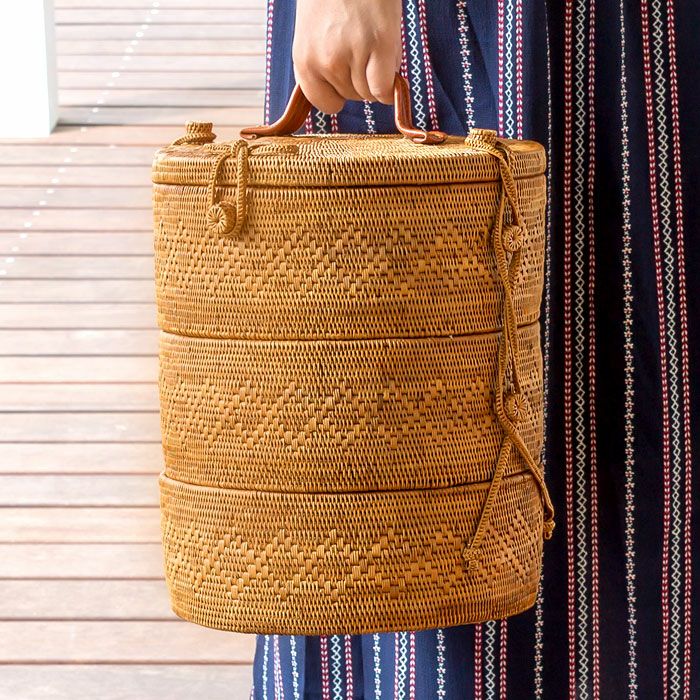 アタで編まれた 3段ランチバッグ カゴバッグ おしゃれ 収納バスケット