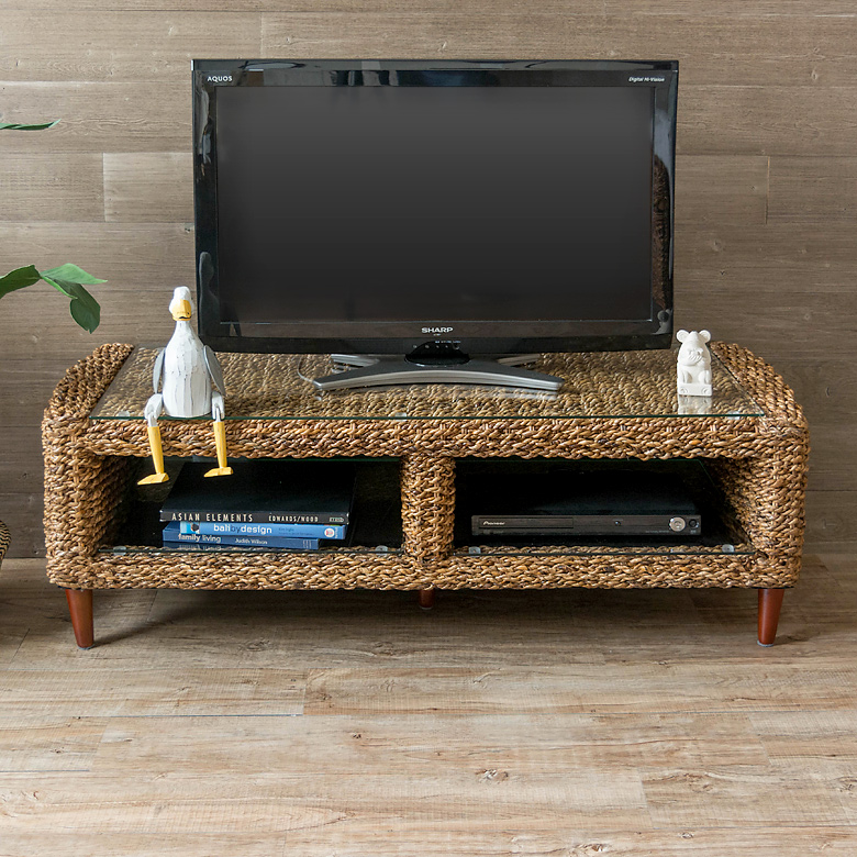 テレビ台 アバカ素材 強化ガラス天板 幅120cm 収納棚付き [96016