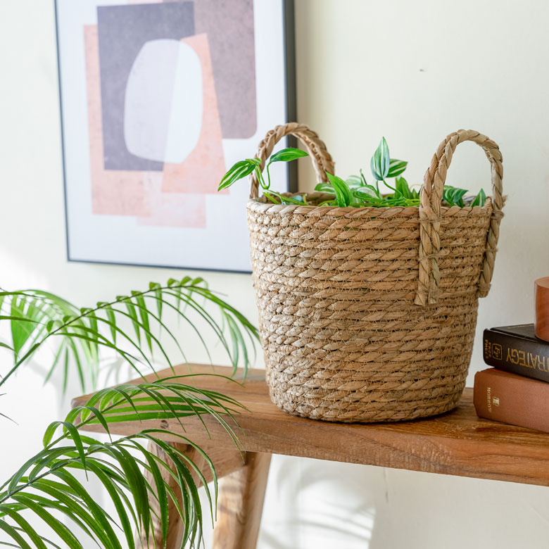 プランターカバー 植木鉢カバー バスケット 持ち手付き ラッシュ製