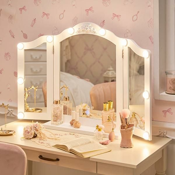 直送】三面鏡ミラー(ライト付き)/RoseRelief(ローズレリーフ