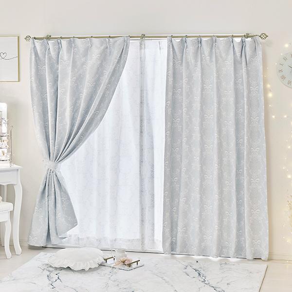 オーナメントリボン遮光カーテン/レースカーテンセット(幅100×丈200・4