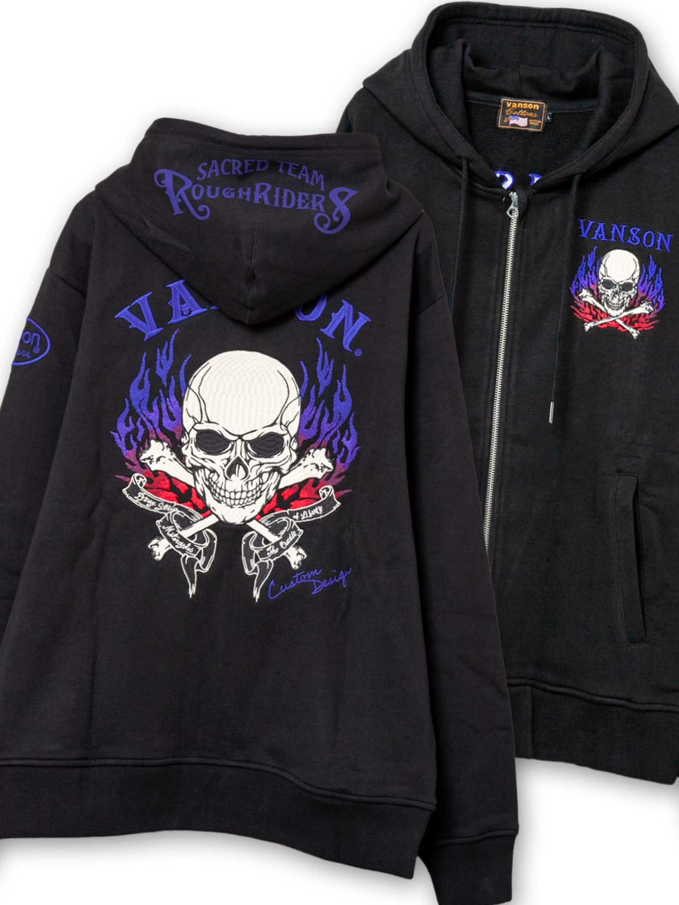 VANSON】“スカルファイヤー”総刺繍ZIPパーカー〔別注:北海道・九州