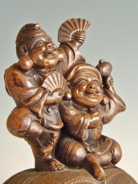 城南骨董-古備前焼 七福神 俵 恵比寿天 大黒天 1079