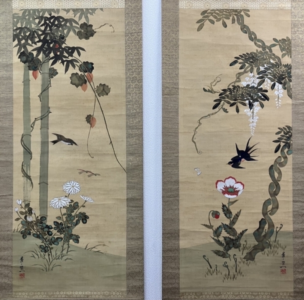 鈴木其一 肉筆 絹本 掛軸 識箱（識あり）時代 2重箱 Kiitsu Suzuki