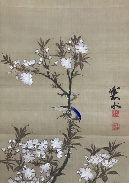 碧水 花鳥図 絹本 掛軸【浮世絵師：北尾重政】Ukiyoe Shigemasa Kitao