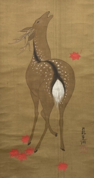 鑑】大倉好斎：【画】尾形光琳「紅葉鹿図」絹本 肉筆 金泥 識箱 二重箱