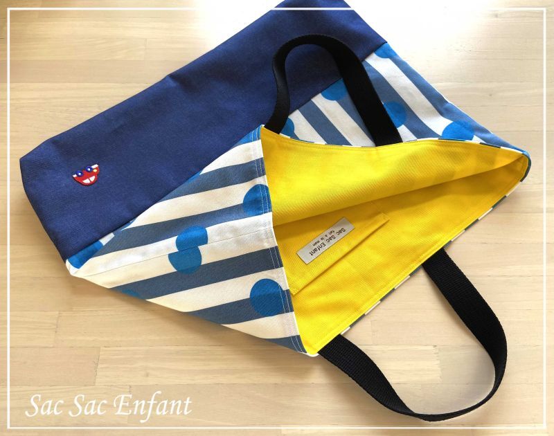 入園入学用品ブルー系のストライプ×ドット柄の可愛いシーチング生地と