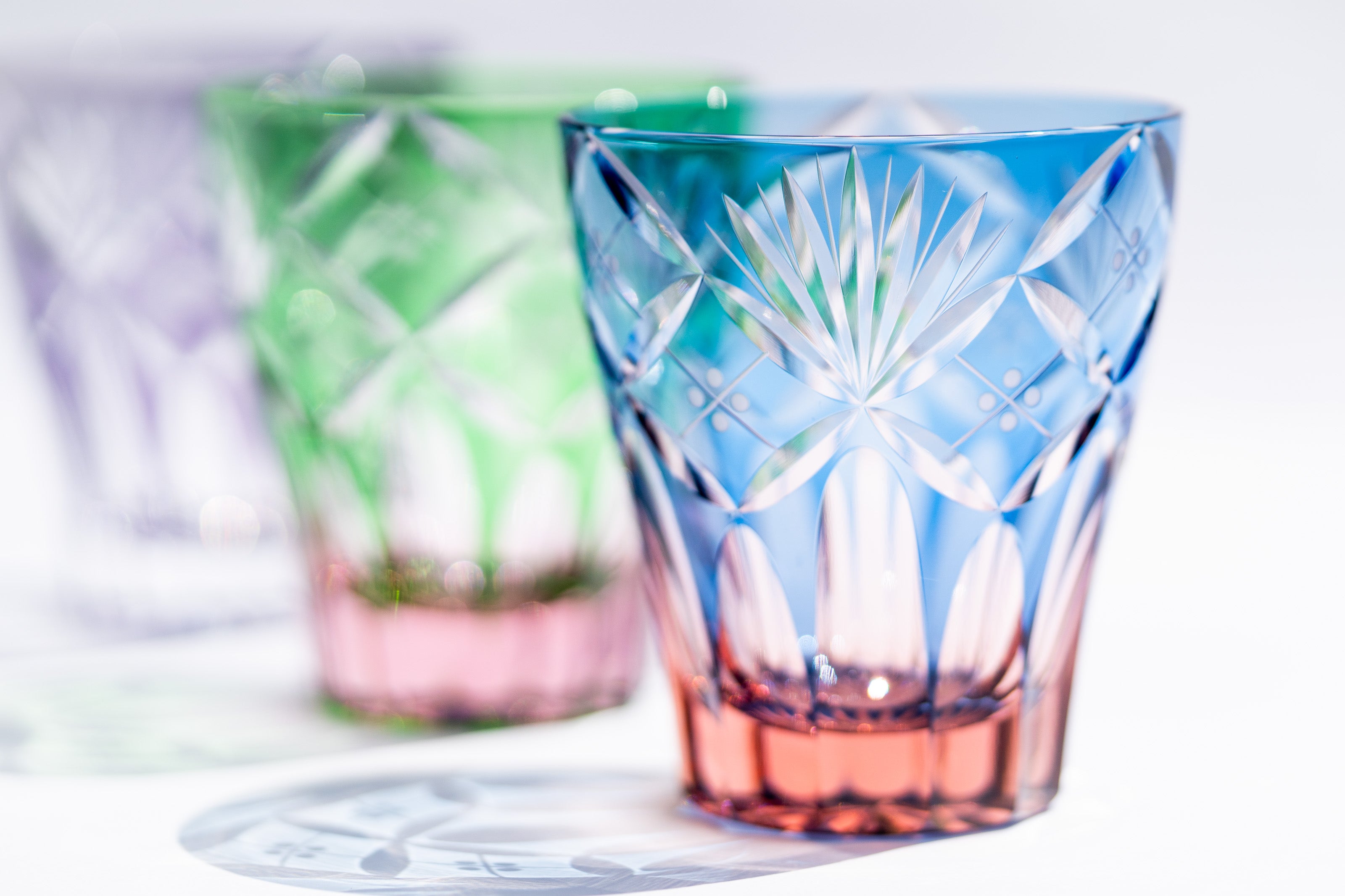 M-8573-BP 七宝笹の葉文様 ミニオールド ブルーピンク 江戸切子 直販