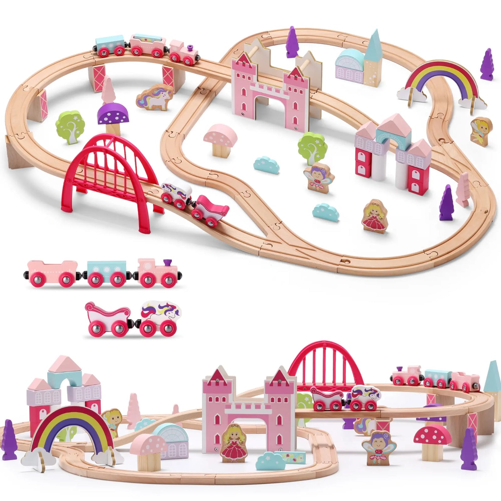 Wooden Pink Train Set with Unicorn | SainSmart Jr. Toys