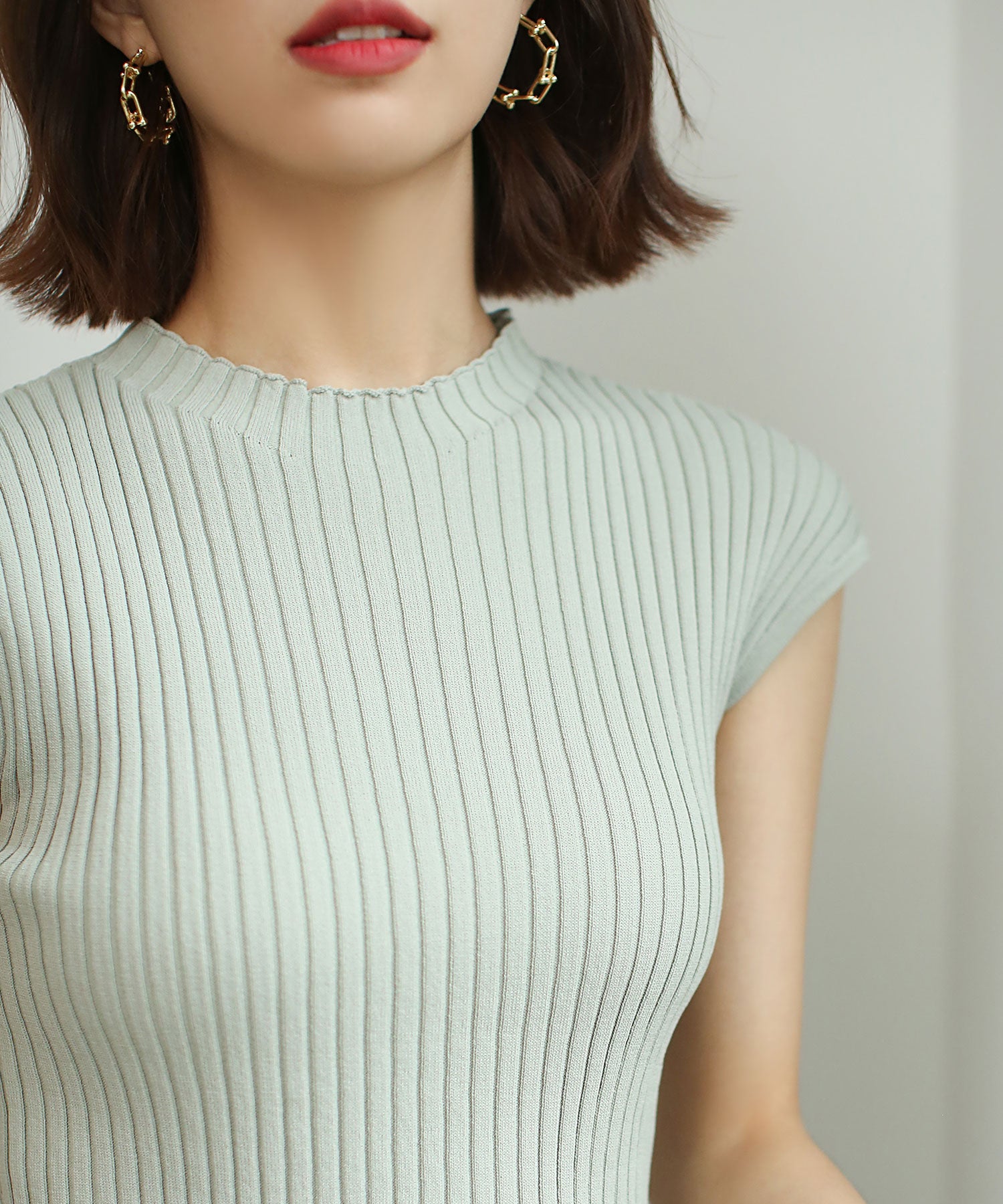 フレンチスリーブリブ切替サマーニットトップスxyf9299 ミント – [公式