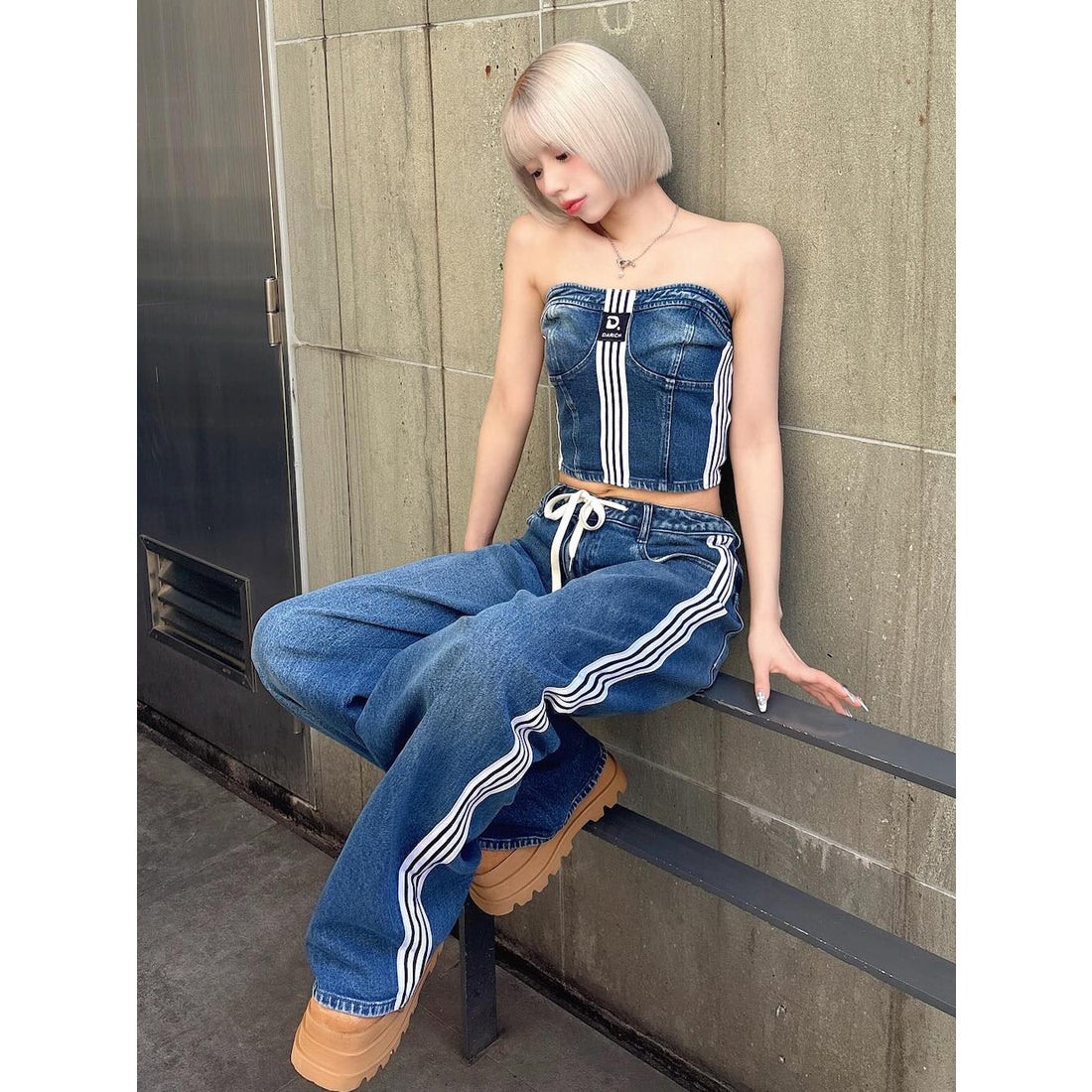 ダーリッチ Darich リメイクライクワイドデニムパンツ （ブルー） -靴