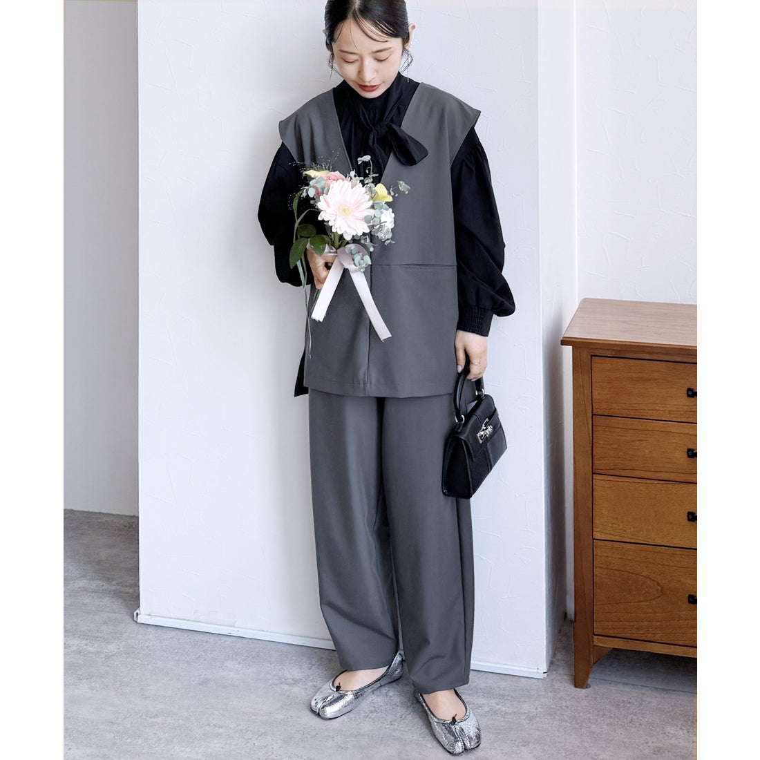 reca 【2点セット】『自宅で洗える』Vネックベスト×カーブパンツ