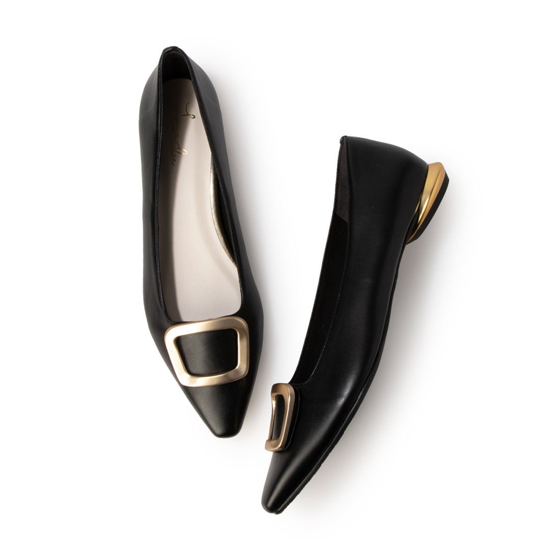 スクエアバックルフラットパンプス(0576) （ブラック） -レディース