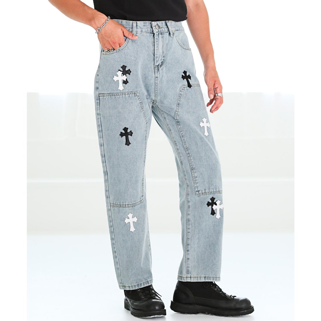 ラグスタイル LUXSTYLE PUレザークロスワッペンダブルニーデニムパンツ