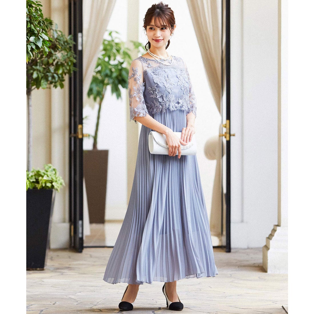 ニアナ niana 刺繍レース切り替えプリーツロング 結婚式ワンピース