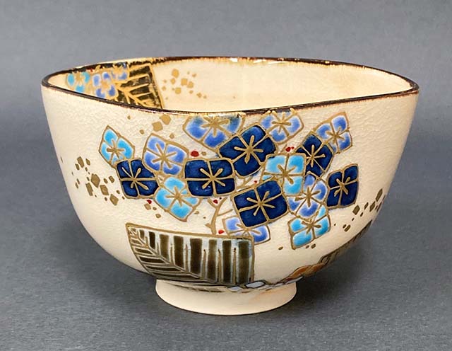 茶道具】古清水写 金彩 紫陽花図 四方茶碗 *山川敦司*