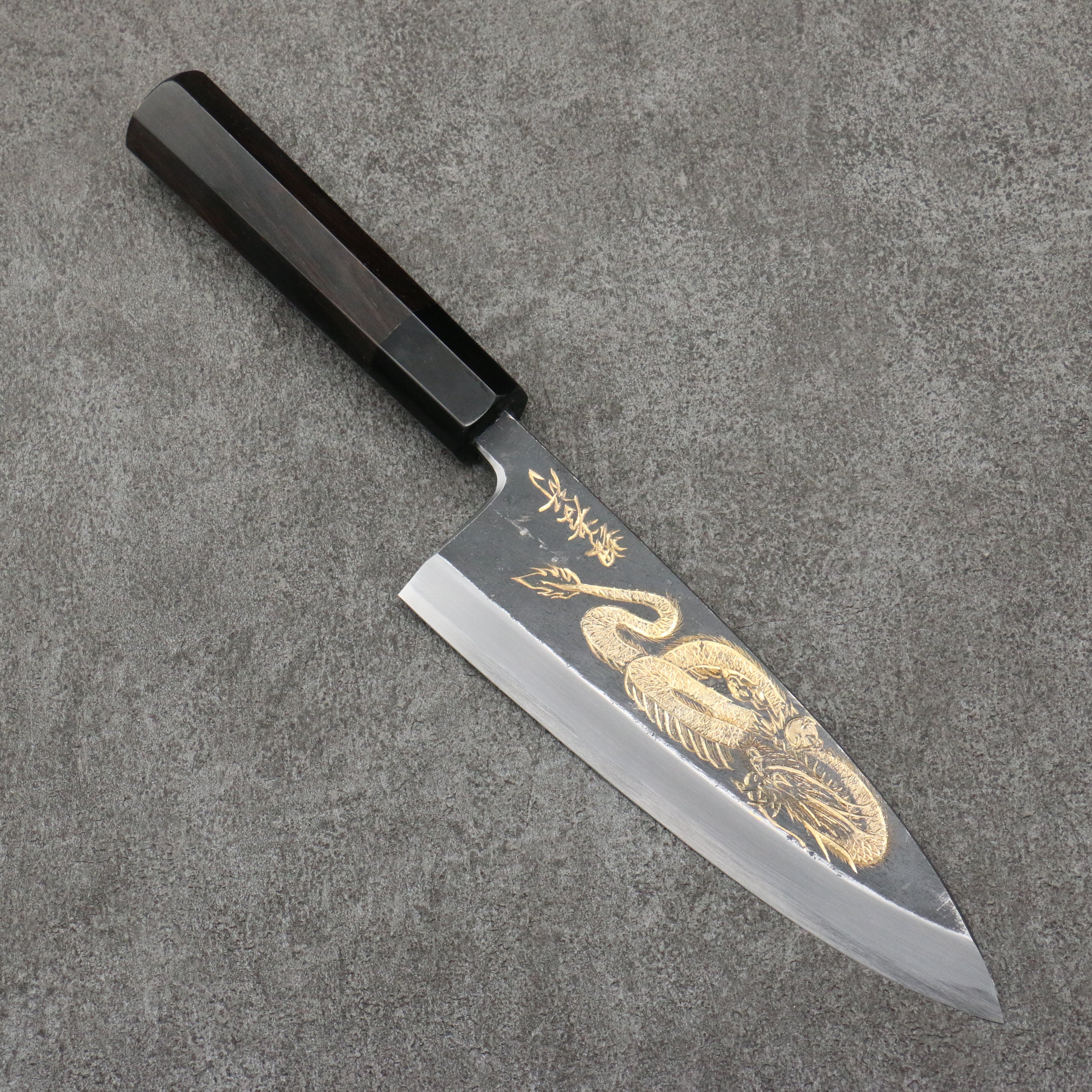 堺 孝行 窪田金彫刻 一登竜門 白ニ鋼 黒仕上げ 出刃包丁 180mm 黒檀柄