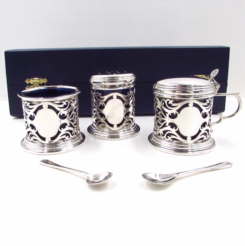 Five Piece Sterling Silver Condiment Set With Cobalt Blue Inserts
