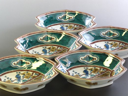 九谷焼 5.3号 古九谷梅に鳥 舟型小鉢5枚揃 – 漆陶舗あらき 輪島塗