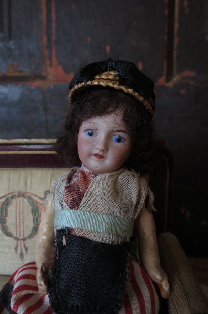 フランスアンティーク ビスクドール ミニョネット 麦わら帽子の女の子