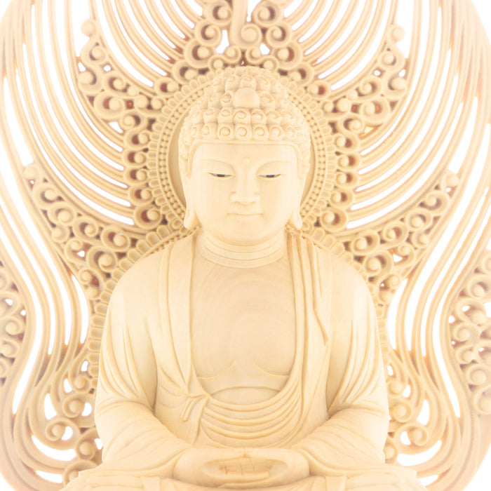 仏像 本柘植 八角台座 水煙光背 座釈迦 眼入 2寸 2.5寸 3寸 — 仏壇