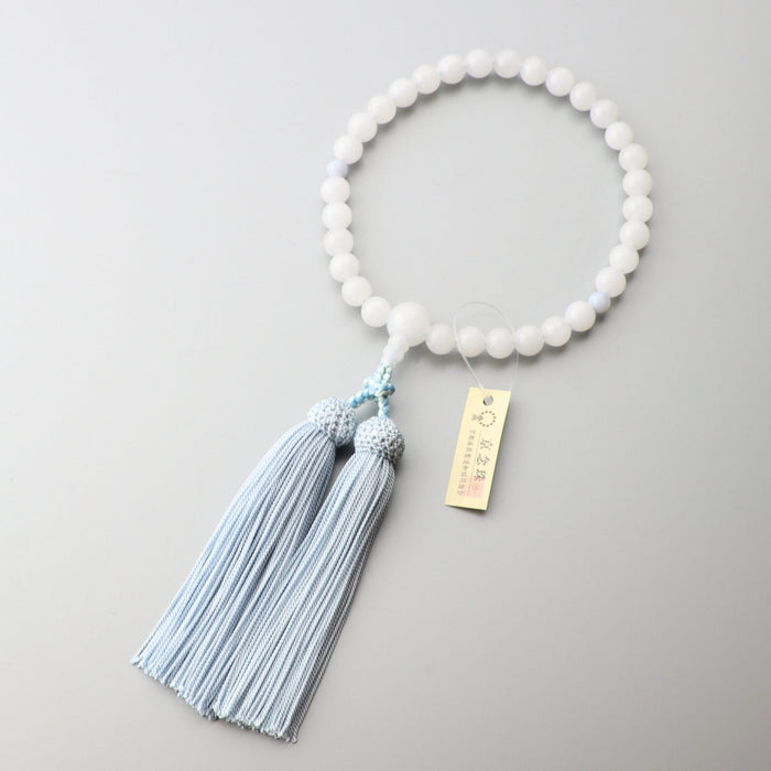 数珠 女性用 ホワイトオニキス8mm 二天カルセドニー仕立 正絹房(ブルー