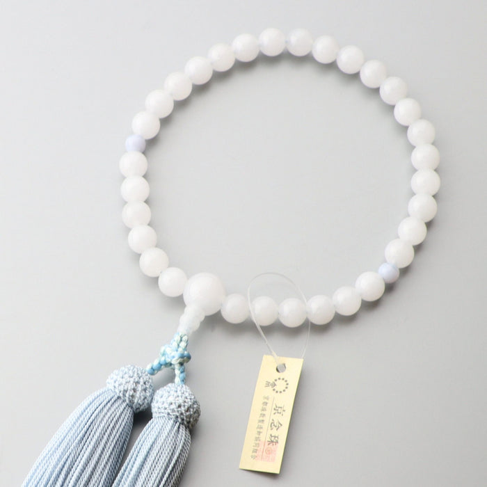 数珠 女性用 ホワイトオニキス8mm 二天カルセドニー仕立 正絹房(ブルー