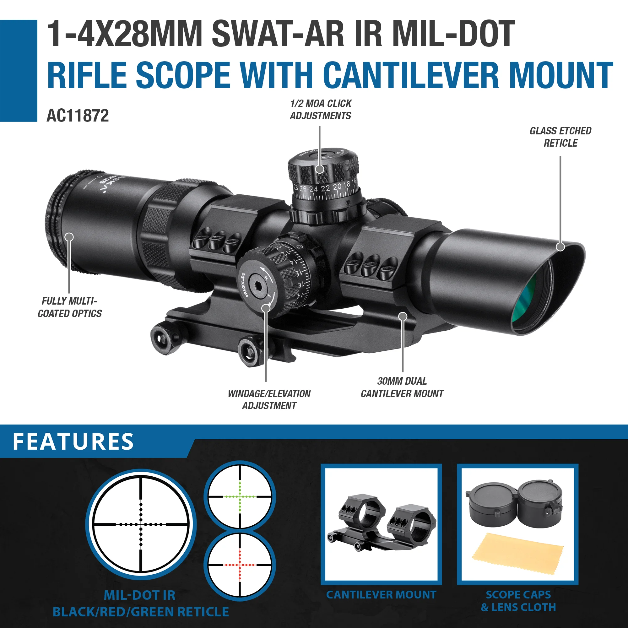 1-4x28mm SWAT-AR IR Mil-Dot Rifle Scope with Cantilever Mount
