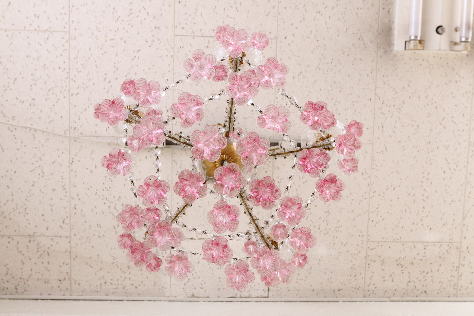 イタリアンムラーノガラス ピンククリスタルシャンデリア(5灯