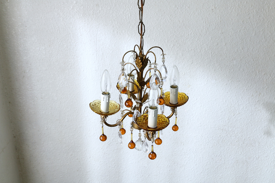 ムラーノアンバーガラス&クリアドロップ ゴールドギルトシャンデリア(4
