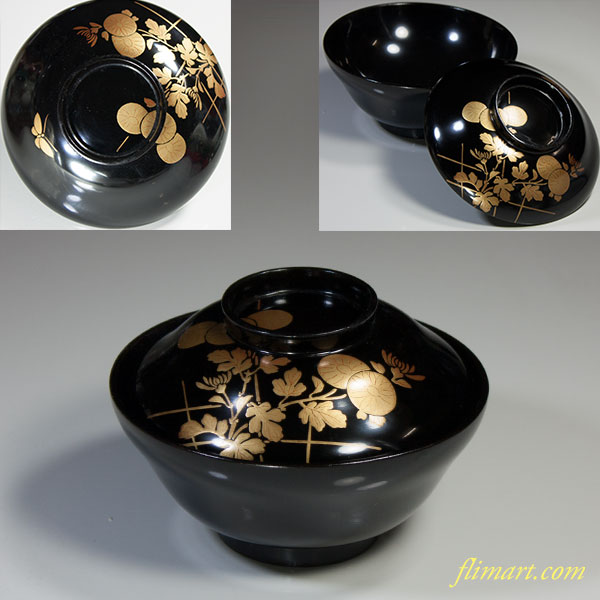 黒塗木製漆器菊金蒔絵吸物椀 | 和食器リサイクル通販専門店フリマート