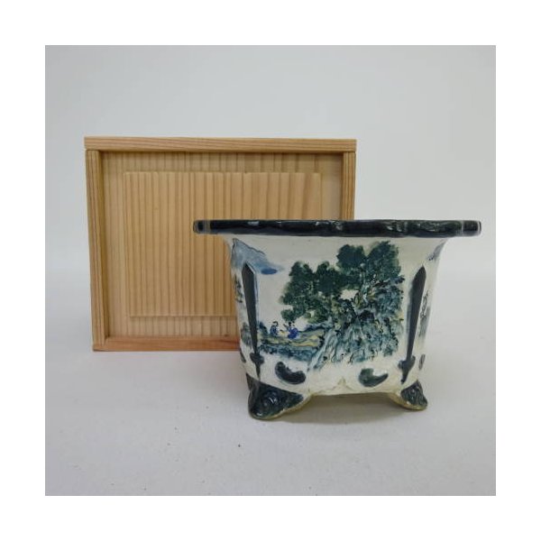 楽天市場】【中古】盆栽鉢 陶翠 陶翠筆 色絵 山水図 外縁 丸鉢 現品