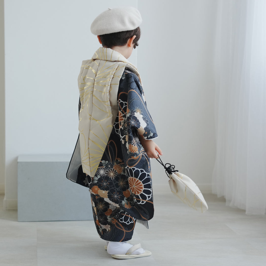 レンタル】七五三着物 3歳男の子 ベレー帽つき被布セット ベージュ金彩