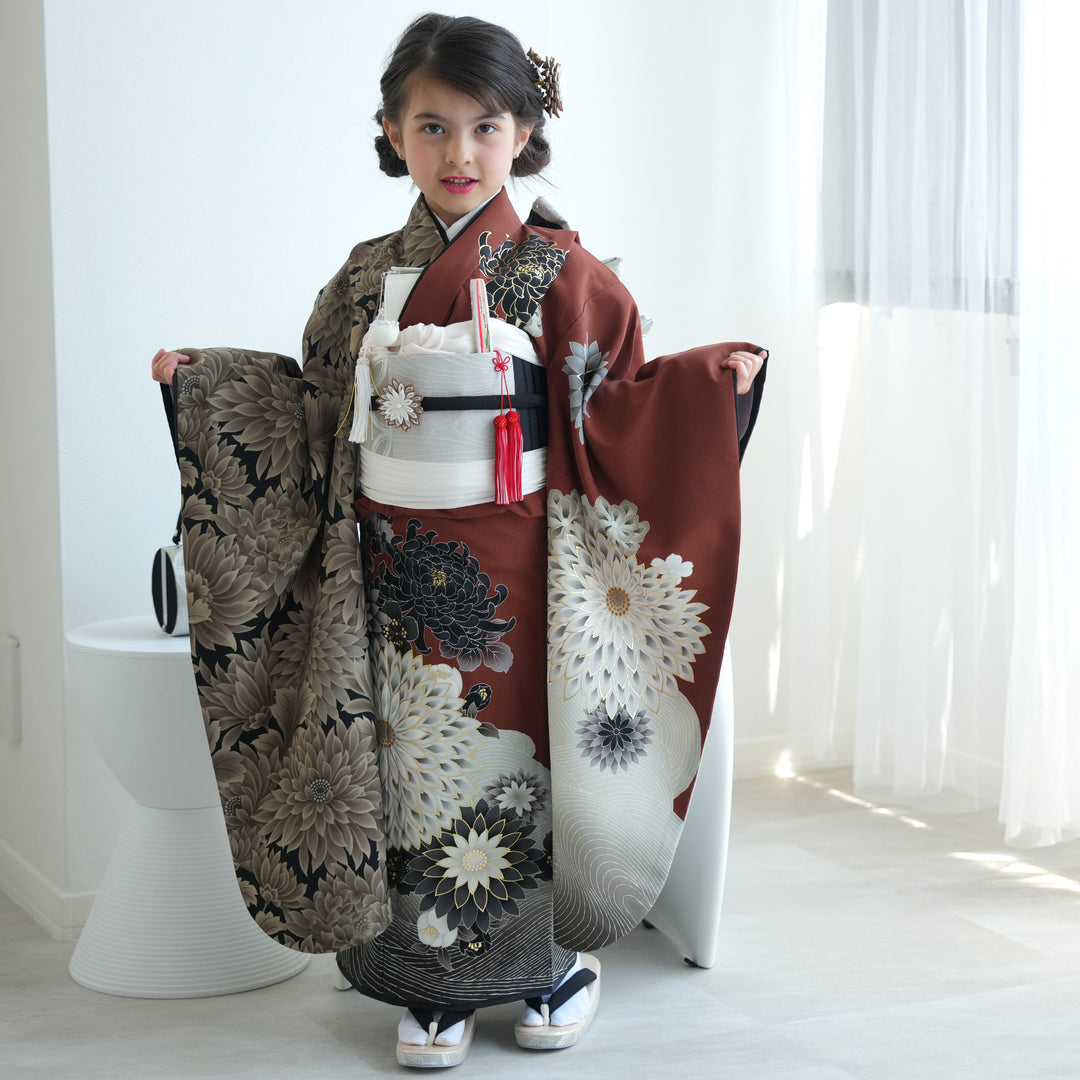 レンタル】七五三着物 7歳女の子 JAPAN STYLE 黒菊 四つ身（1409607800
