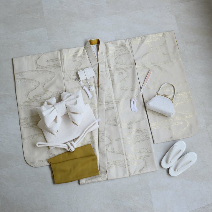 レンタル】七五三着物 7歳女の子 着物セット ベージュ金彩・糸菊