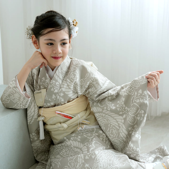 七五三着物 7歳 女の子 着物セット】販売品 四つ身 灰緑鳳凰 ひよこ