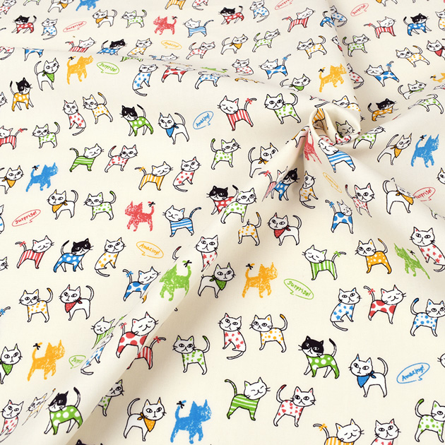 生地 TC ブロード 綿ポリ 猫 可愛い カラフル にゃん □ ストライプ