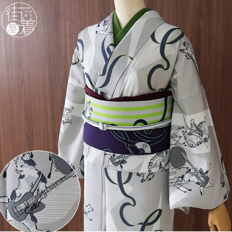 洗える着物] 撫松庵 袷 きもの 猫ロック (104-123-001 80 ライトグレー